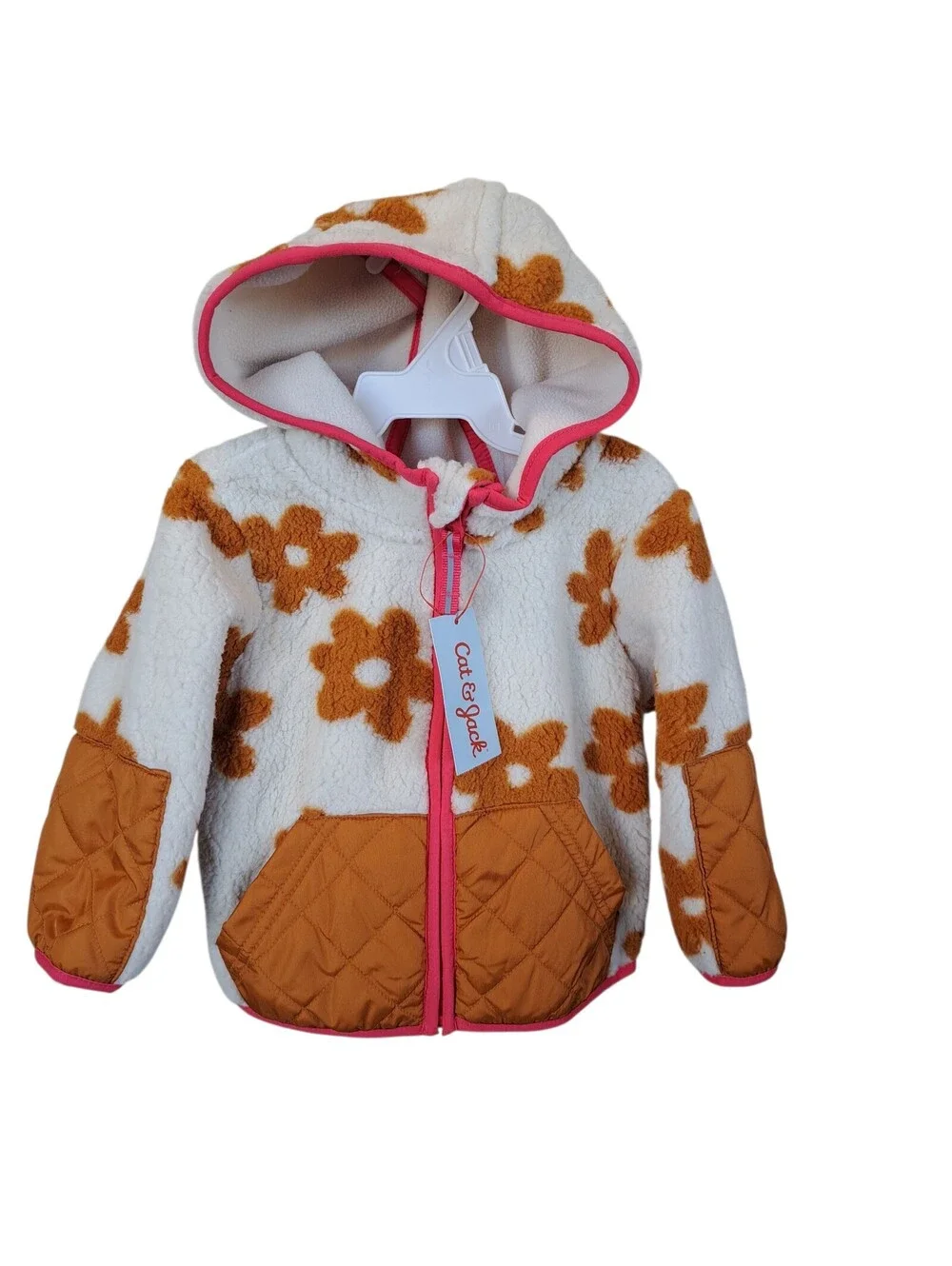 Cat & Jack Zip Up Fuzzy Neutral Flower Hooded Jacket Winter Fall 12M Toddler